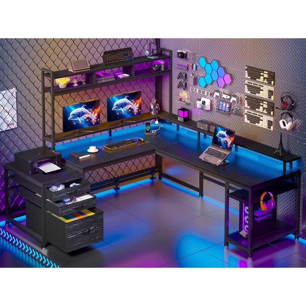 Desk Setup Black And Wood - 64x59 Dual-User L-Shaped Gaming Desk with