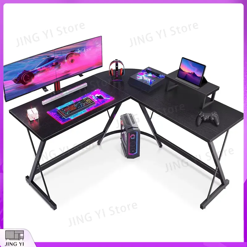 Desk Setup Black And Wood - L Shaped Gaming Desk with Monitor