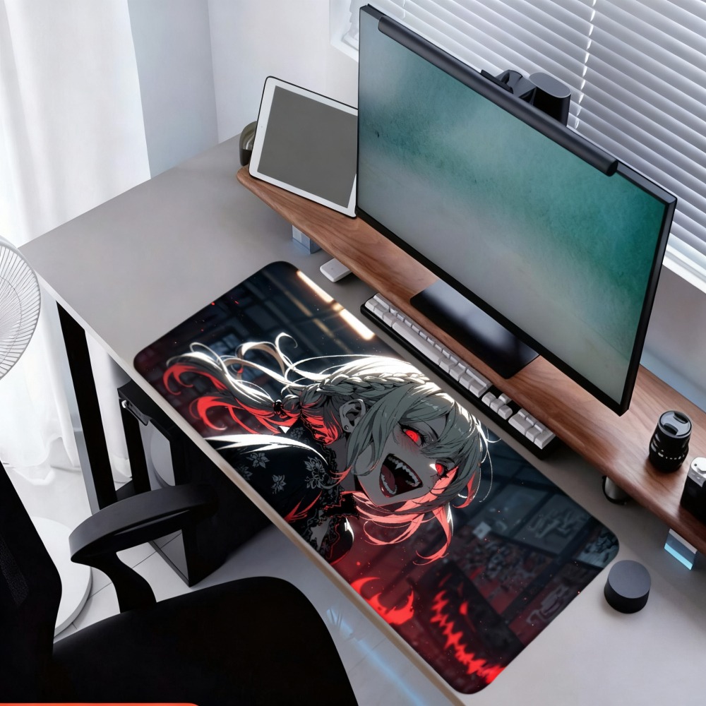 An anime girl with red flames  - đánh giá và giá Desk Setup Simple