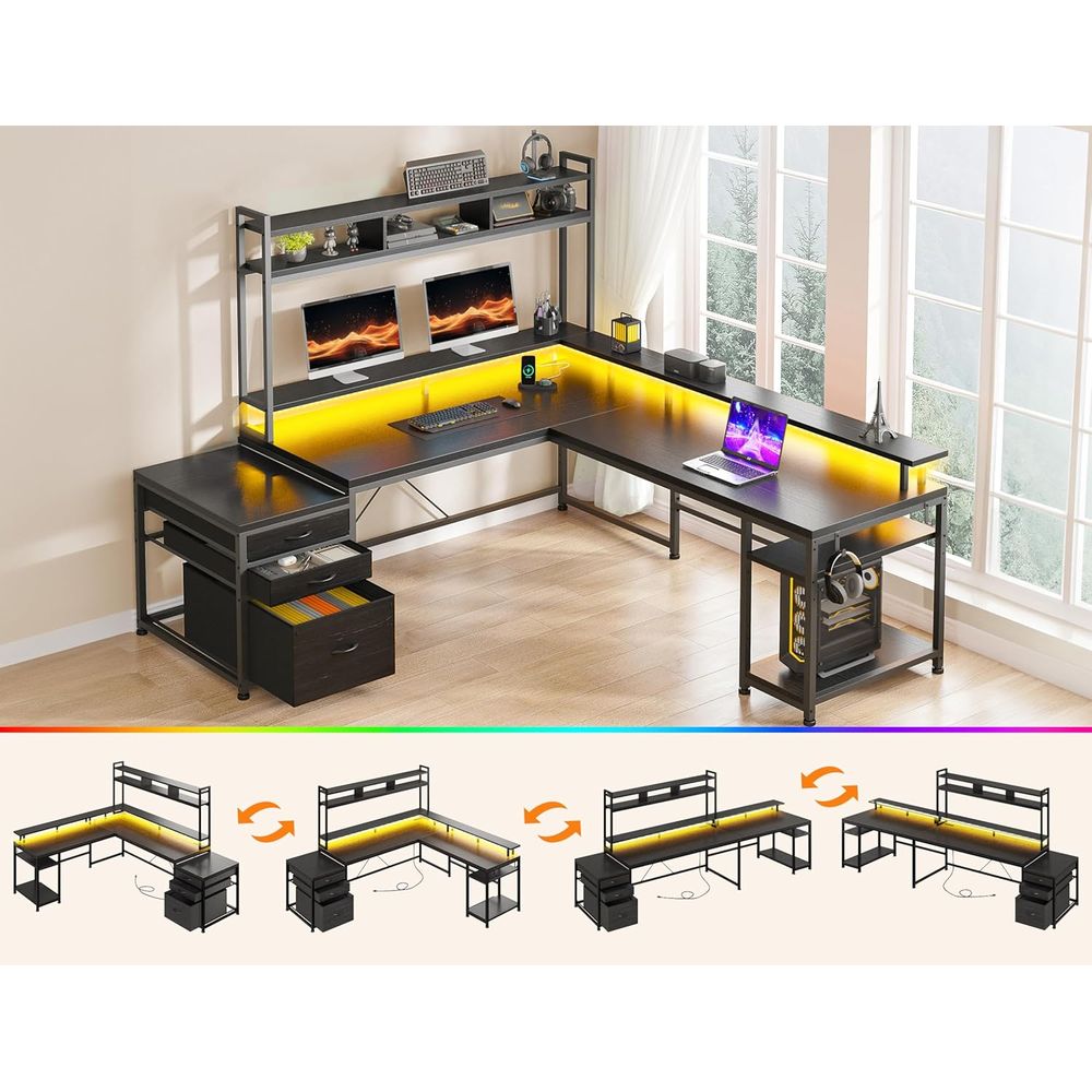 64x59 Dual-User L-Shaped Gamin - đánh giá và giá Desk Setup Black And Wood