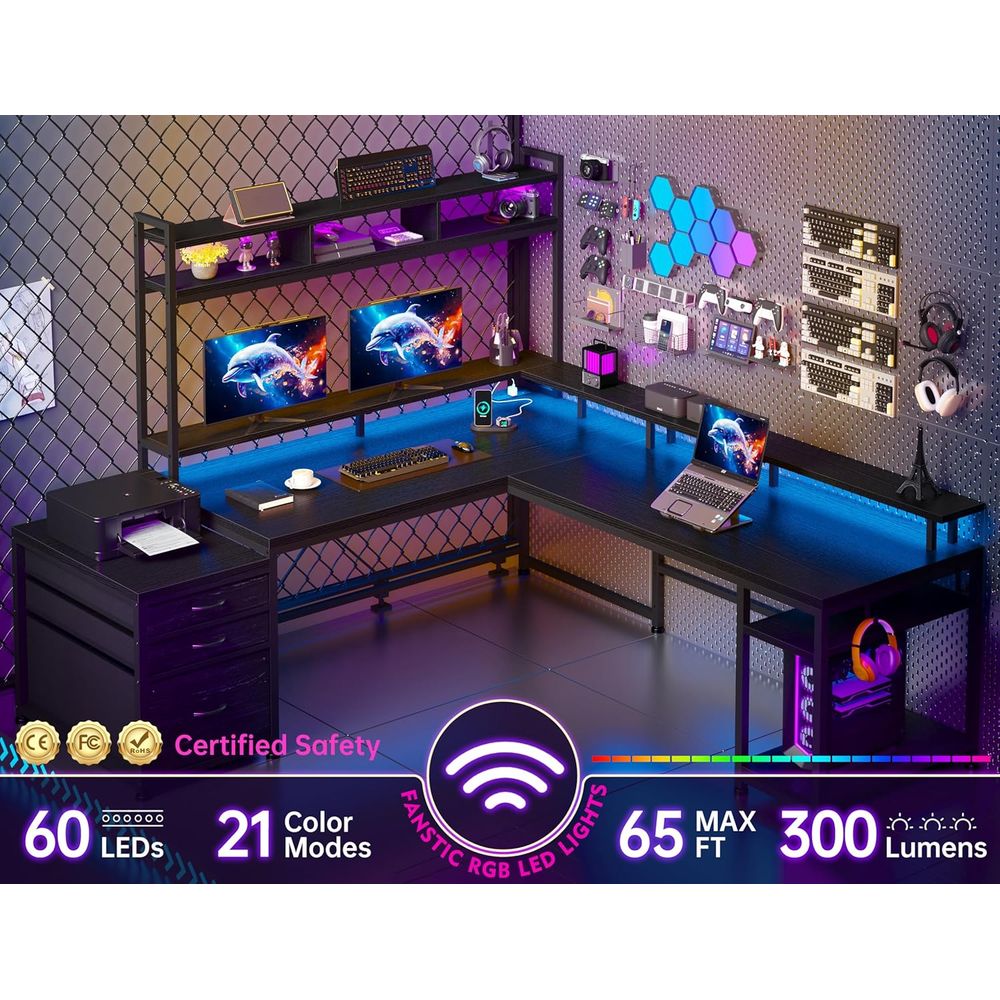 64x59 Dual-User L-Shaped Gamin - đánh giá và giá Desk Setup Black And Wood