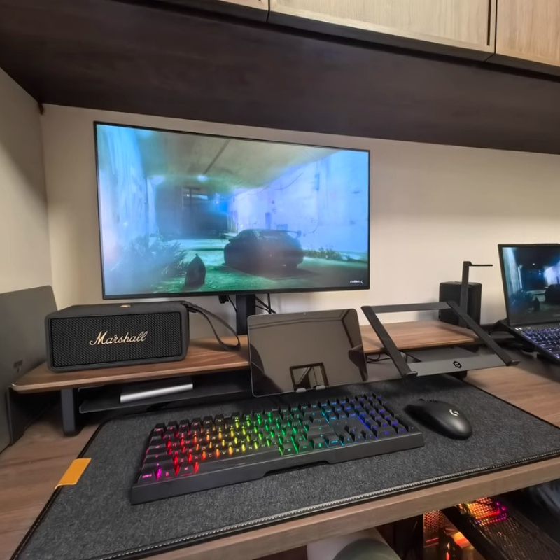 Modular Monitor Riser Stand Er - đánh giá và giá Desk Setup Black And Wood