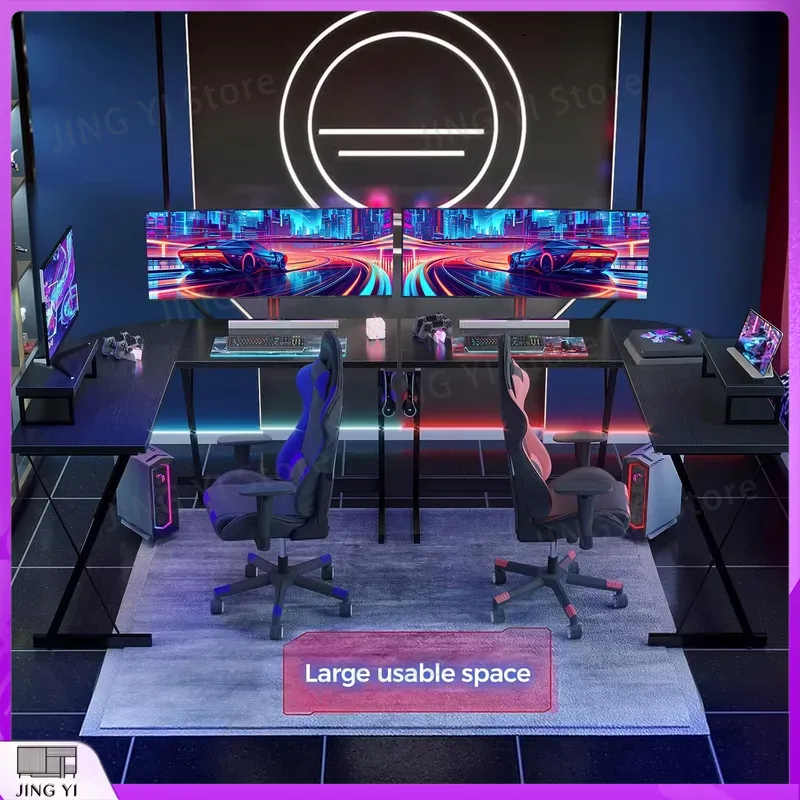 L Shaped Gaming Desk with Moni - đánh giá và giá Desk Setup Black And Wood
